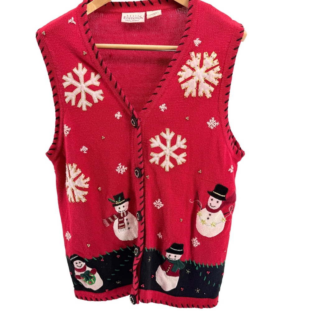 Basic Editions Holiday‎ Red Christmas Snowman Snowflake Knit Vest Extra